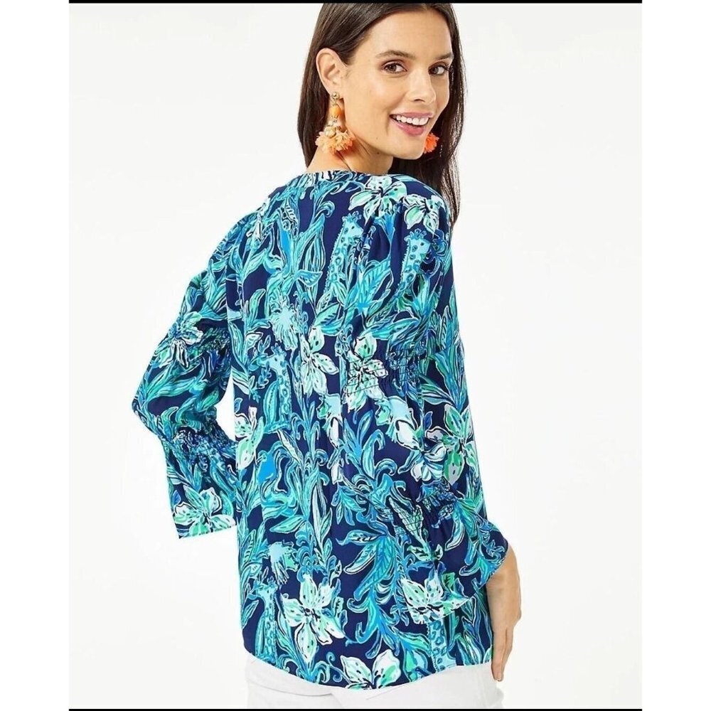 LIlly Pulitzer‎ Maritza Top High Tide Navy Button Down Blue Green Floral Size XS